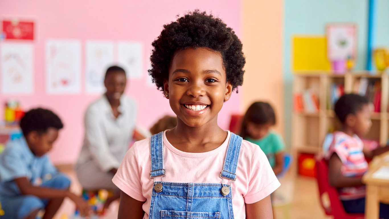 A young girl with a big smile wearing pink shirt and denim overalls, in a colorful classroom with other children and a teacher in the background.