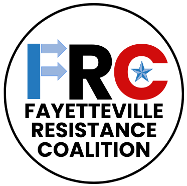 Logo of Fayetteville Resistance Coalition with blue arrows pointing to the letter R, the letter C in red with a white star in the center, and the organization's name below.
