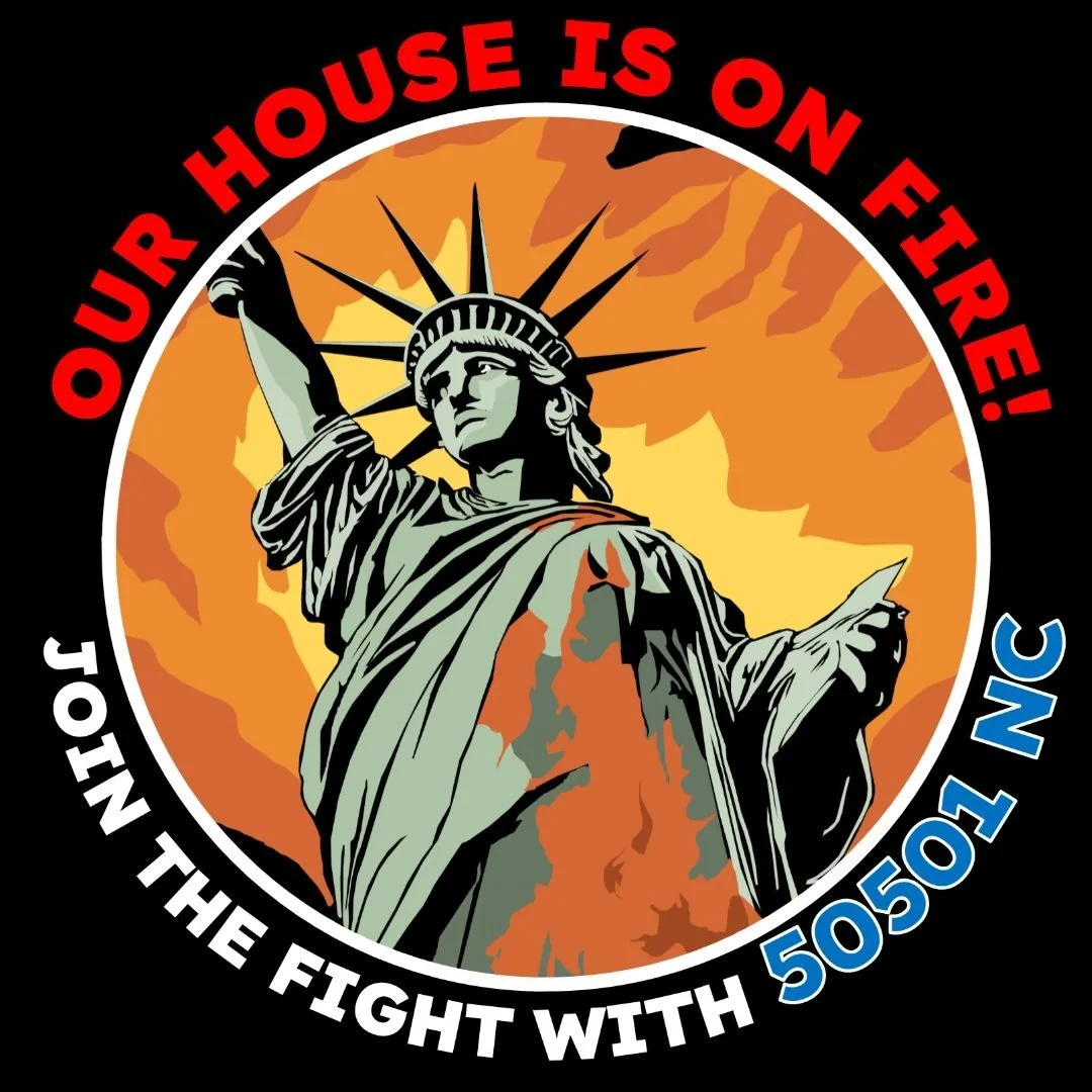 A graphic featuring the Statue of Liberty with the text 'Our house is on fire! Join the fight with 5050x2030' encircling it, indicating climate change activism.