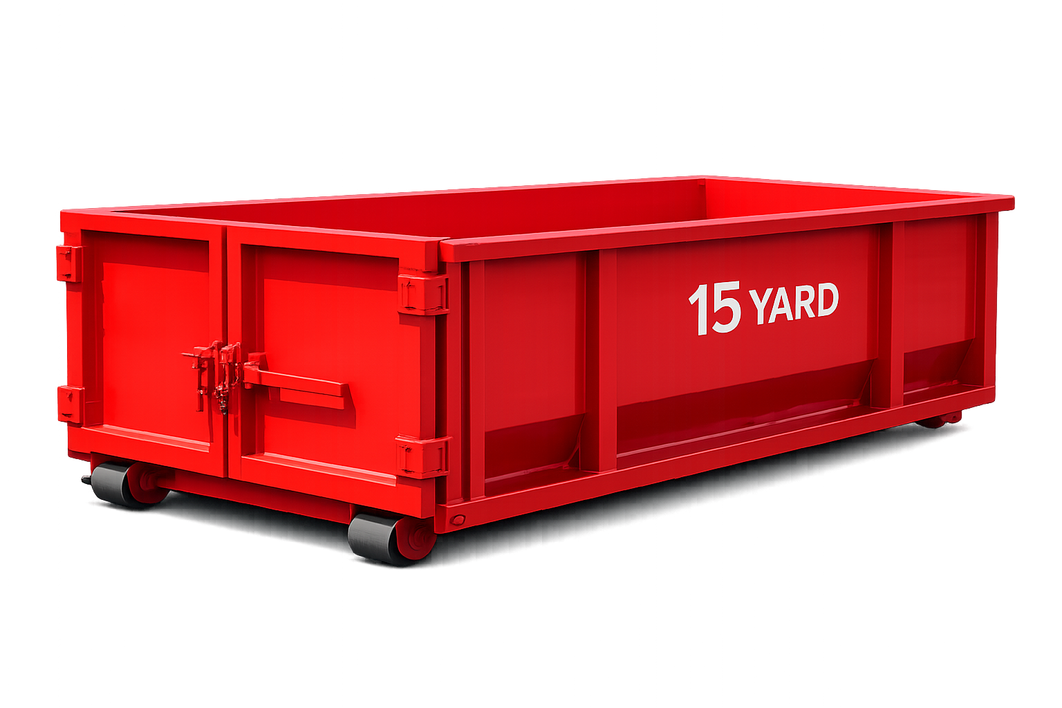 A red 15-yard dumper container used for debris or material transport, equipped with wheels for mobility.