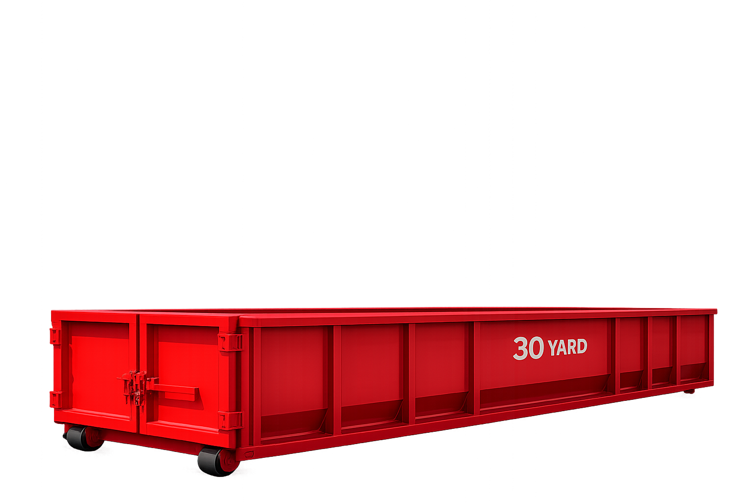 A red 30-yard dumpster container used for debris or material transport, equipped with wheels for mobility.