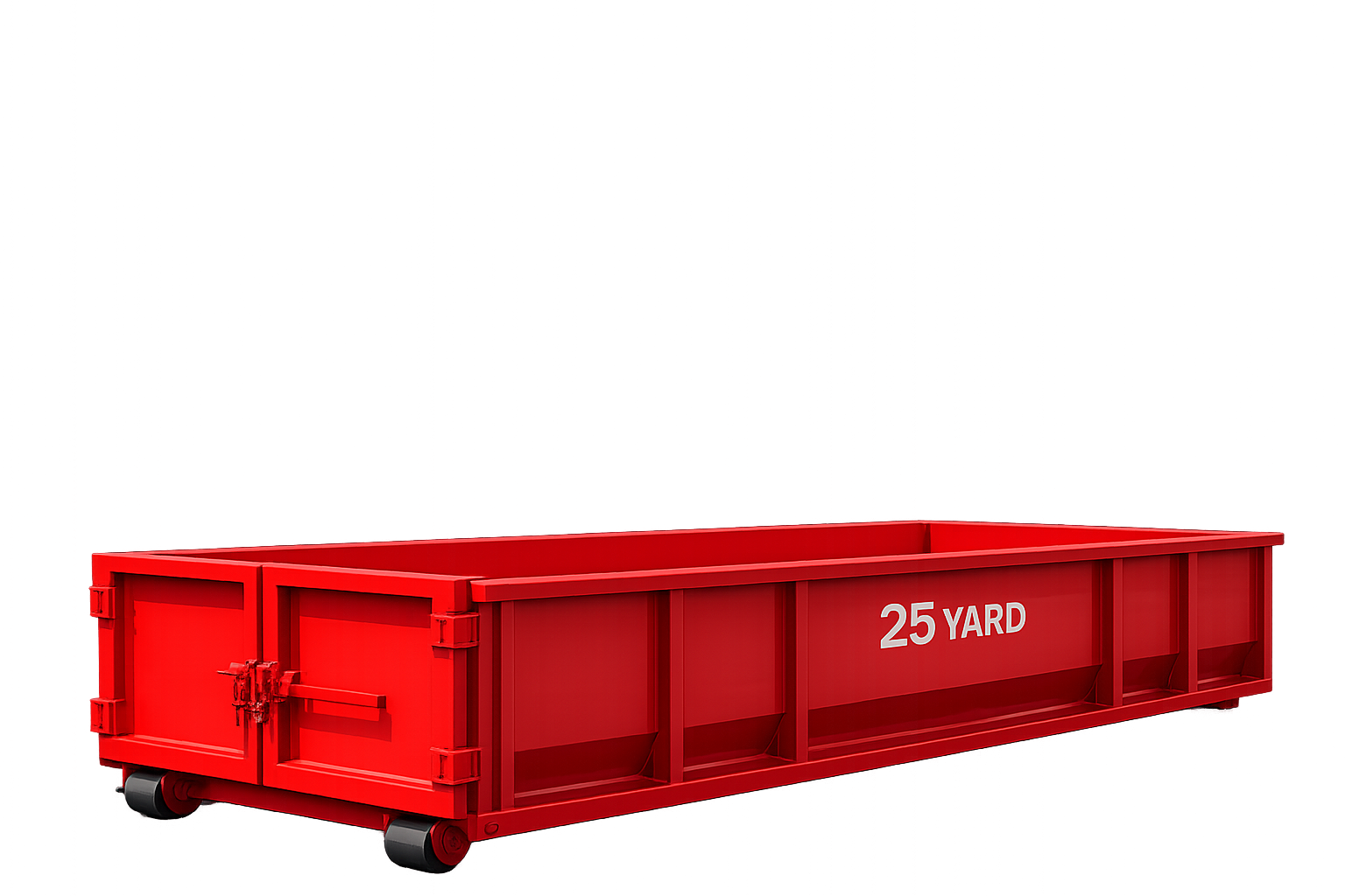 Red 25-yard dumpster container used for debris or material transport, equipped with wheels for mobility.