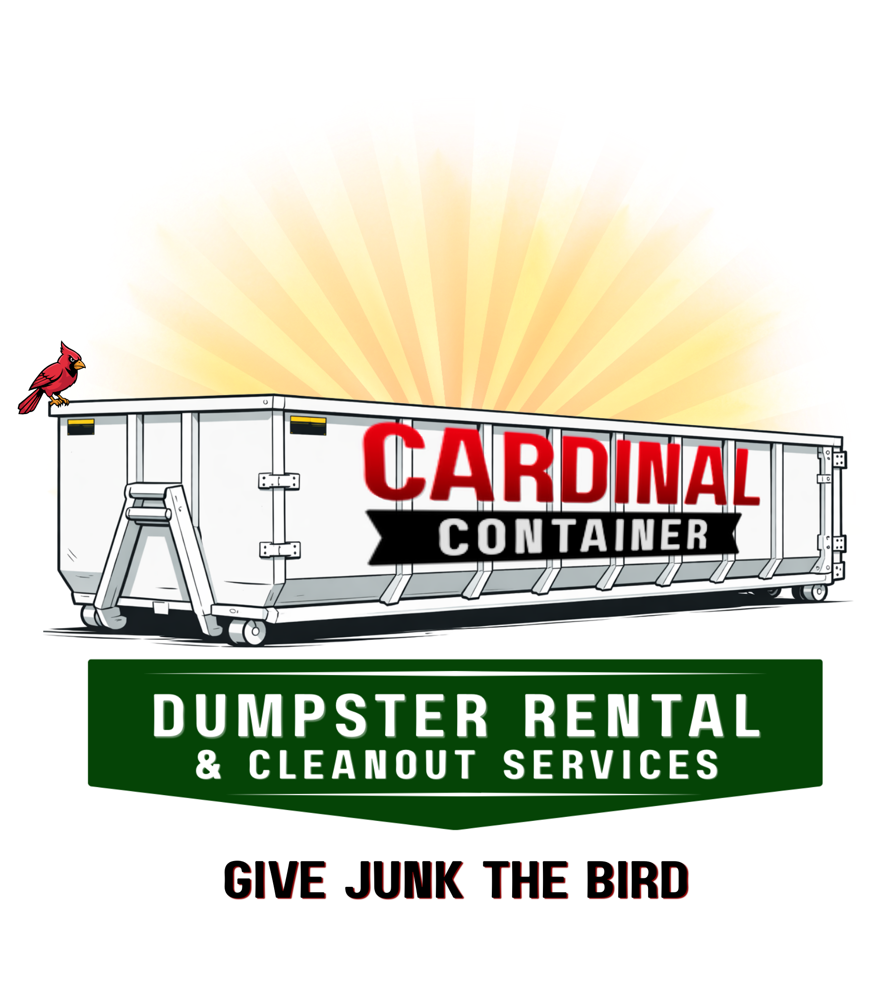 Logo for Cardinal Container, a dumpster rental and cleanout services company, with a cartoon dumpster and a cardinal bird, sunburst background, and slogan 'Give Junk the Bird'.