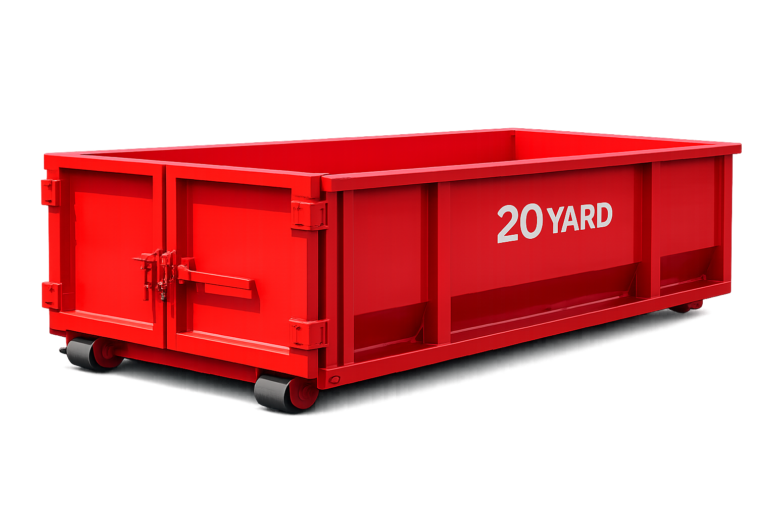 A red 20 yard dumpster container used for debris or material transport, equipped with wheels for mobility.