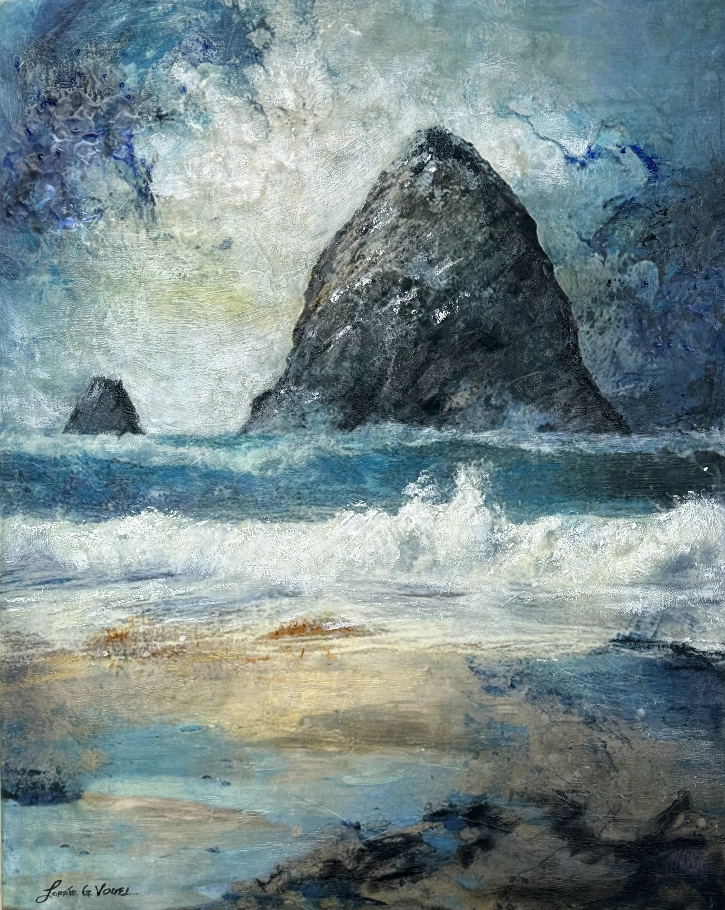 Haystack Rock, 2025. Encaustic Mixed Media, on cradle panel - 24" x 30" x .75"
