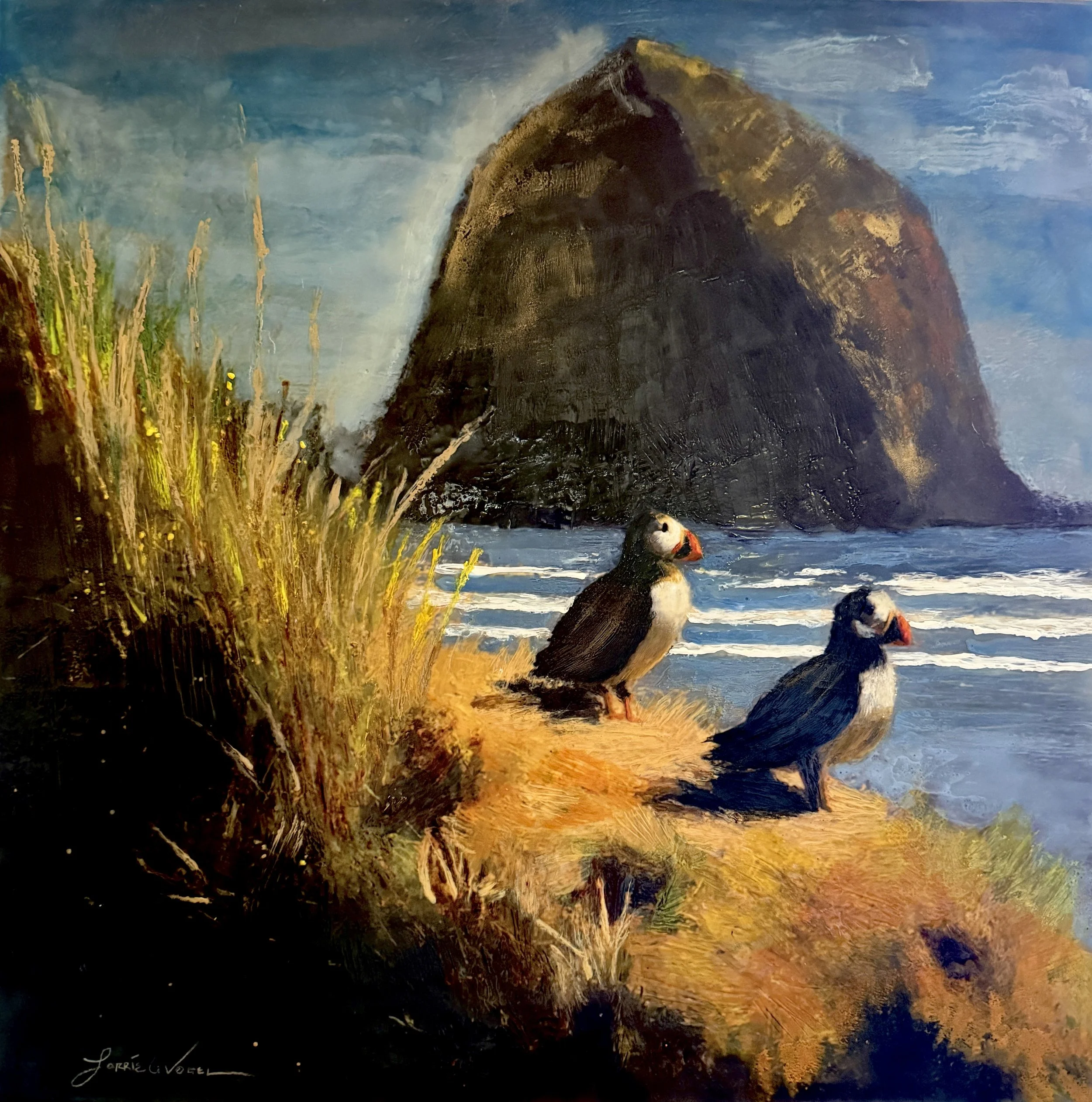 The Puffin's View, 2026. Encaustic Mixed Media, on cradle panel - 20"x20"x1.5"
