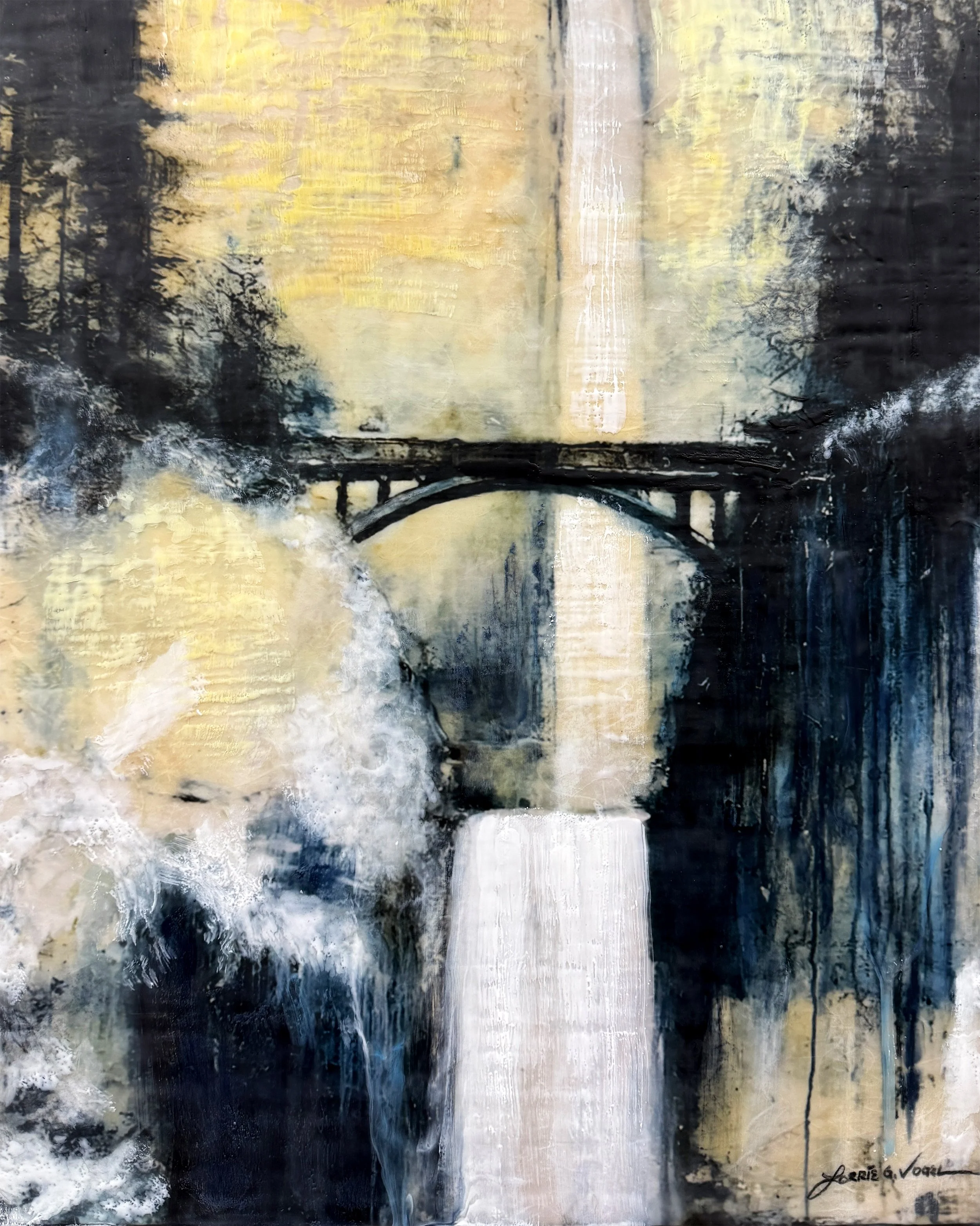 Multnomah Falls Beauty, 2026. Encaustic Mixed Media, on cradle panel - 16"x20"x1.5"