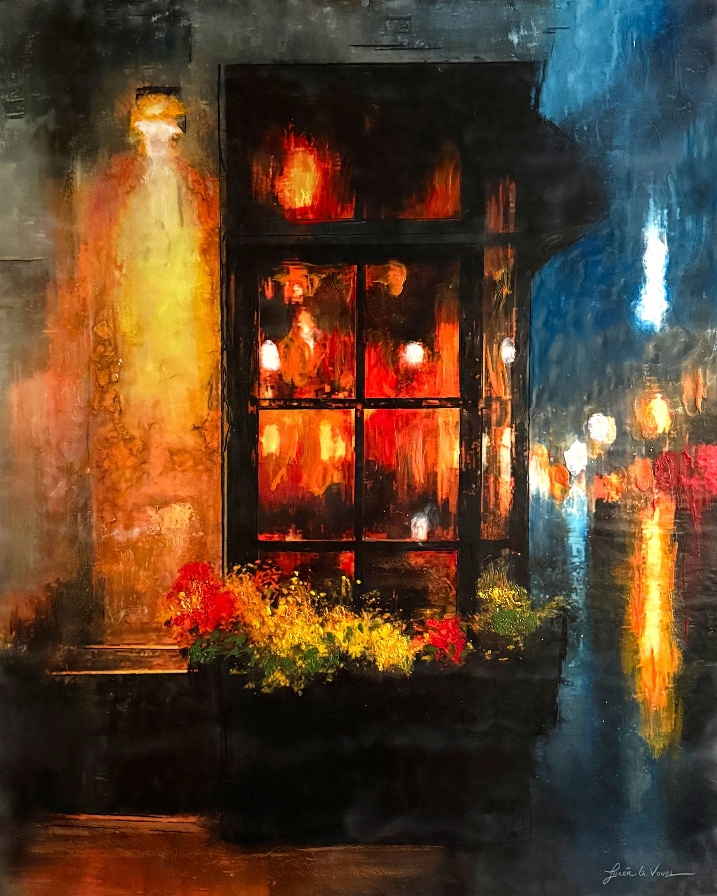 My Favorite Cafe, 2025. Encaustic Mixed Media, on cradle panel - 24" x 30" x .1.5"