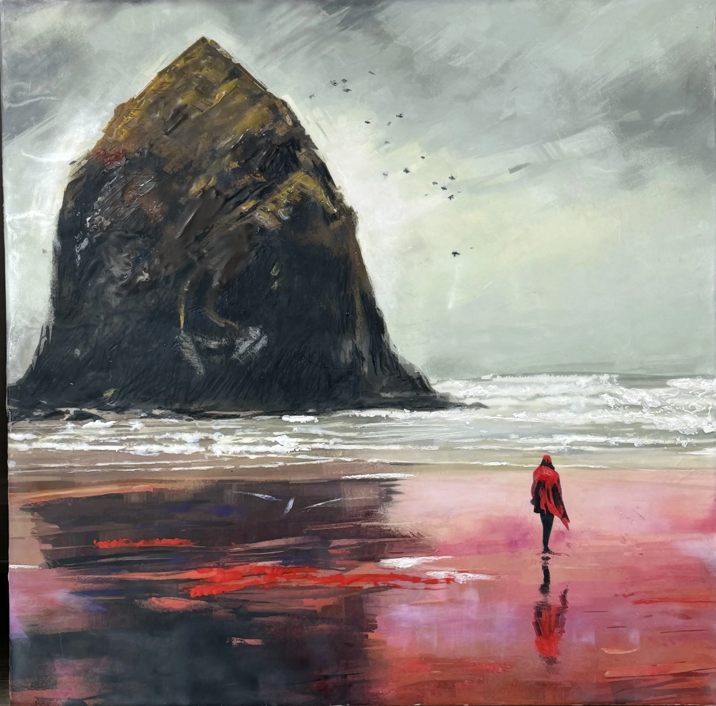 Low Tide and Long Thoughts, 2025. Encaustic Mixed Media, on cradle panel - 20" x 20" x .2.25"