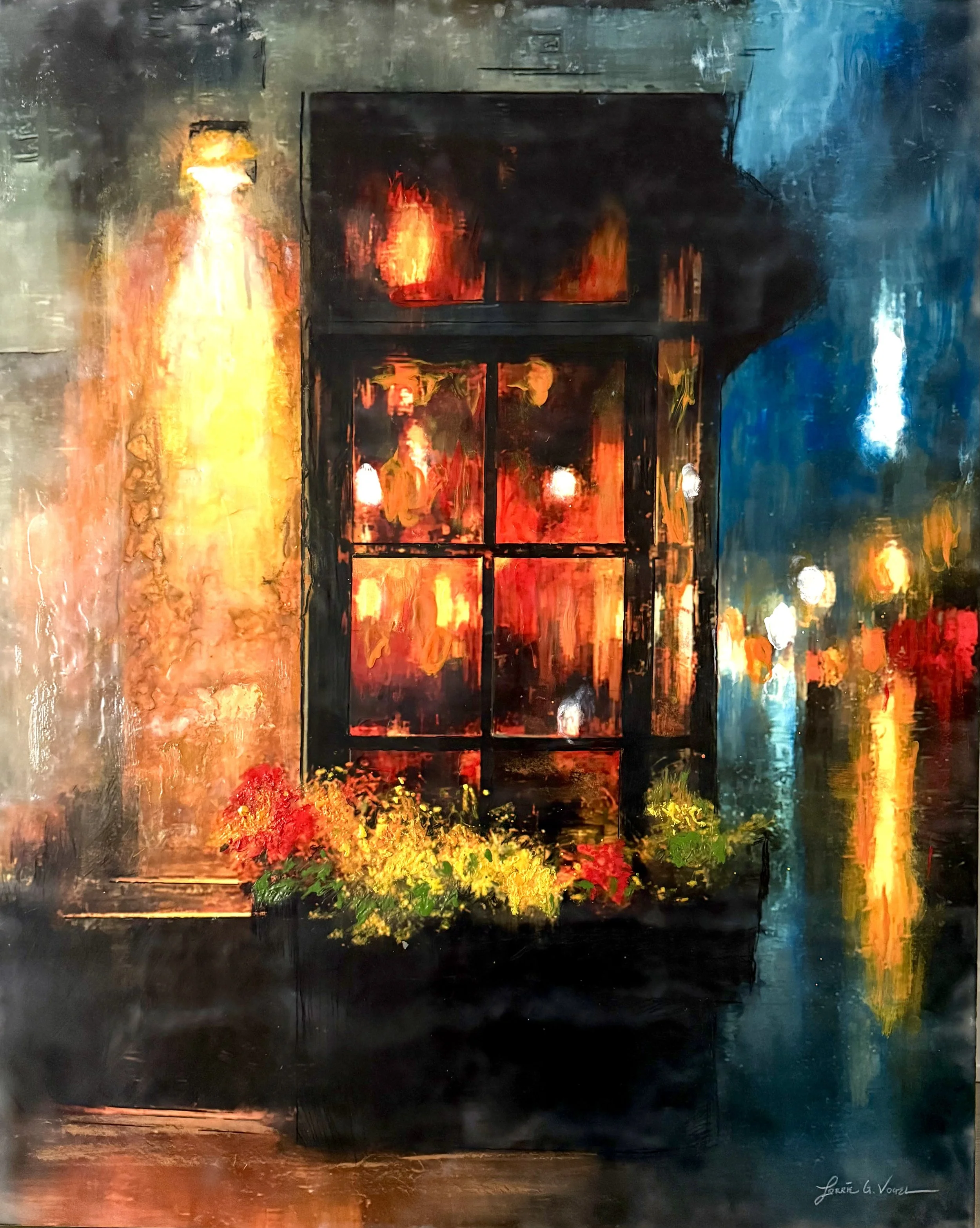 My Favorite Cafe, 2025. Encaustic Mixed Media, on cradle panel - 24" x 30" x .1.5"