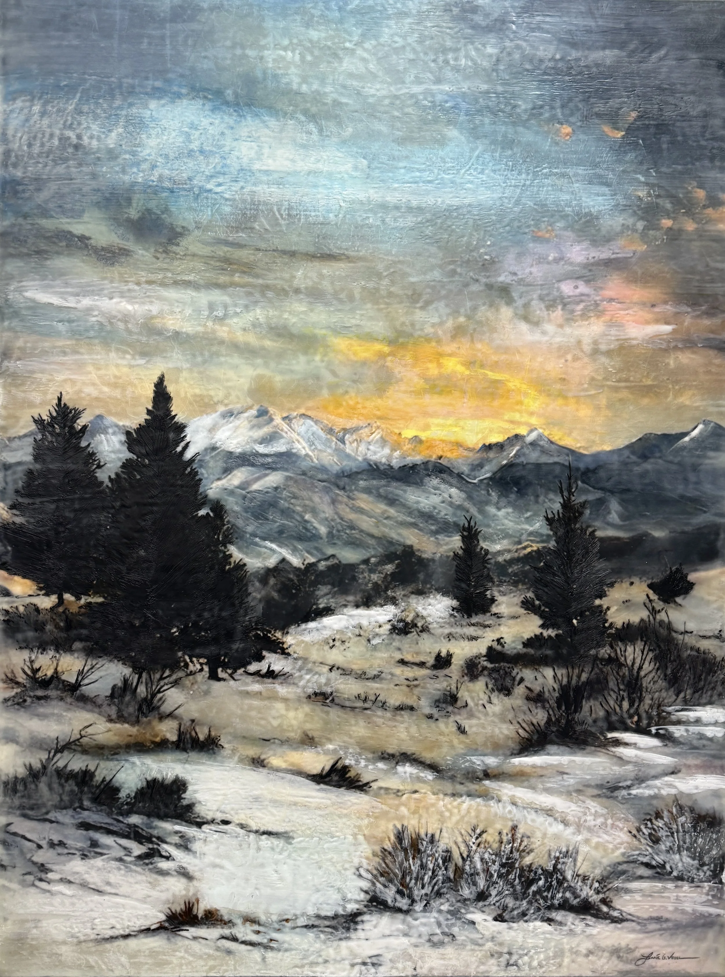Colorado Never Disappoints, 2026. Encaustic Mixed Media, on cradle panel - 36"x48"x1.5"