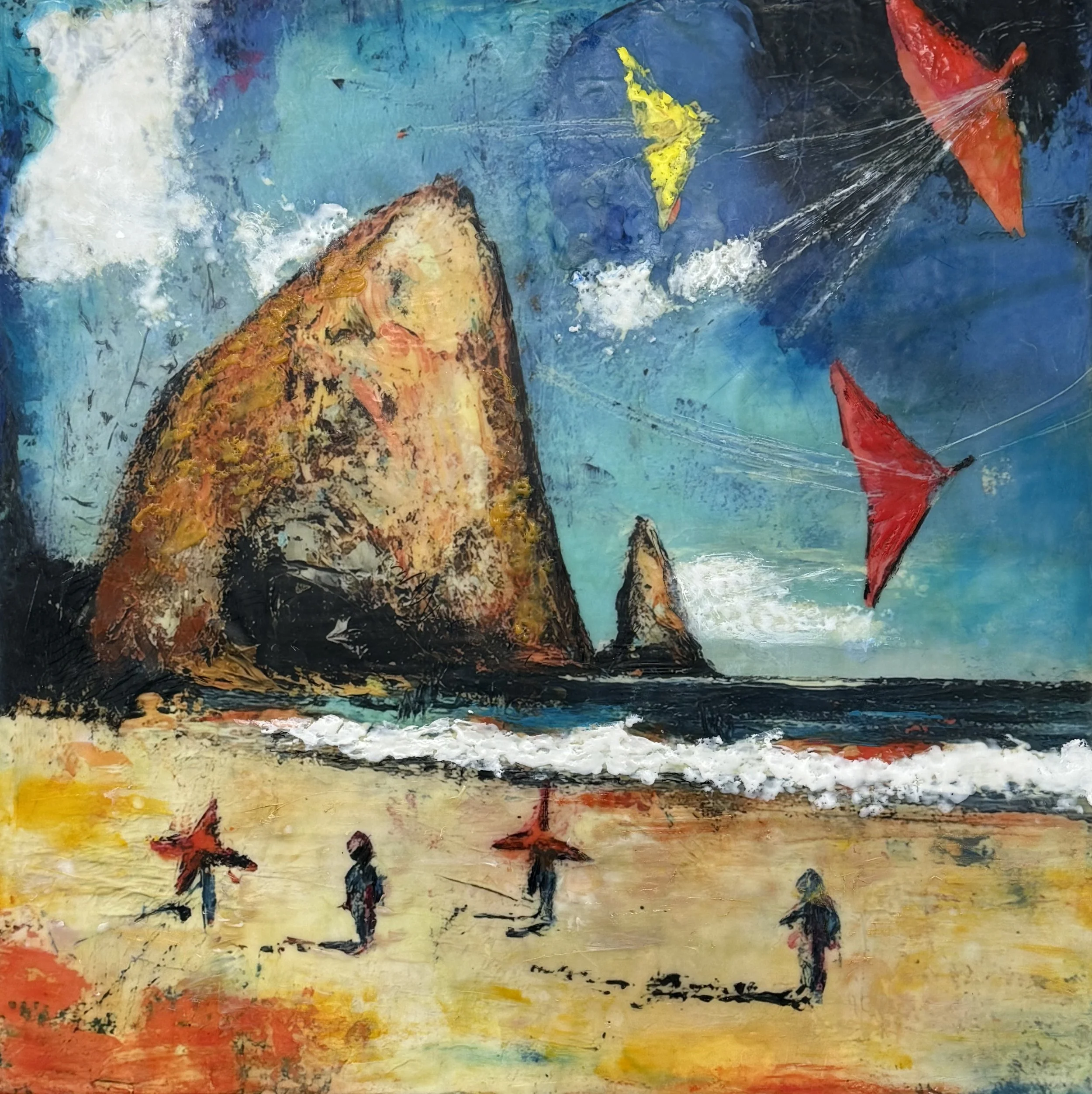 Kite Magic, 2025. Encaustic Mixed Media, on cradle panel - 20" x 20" x .2.25"