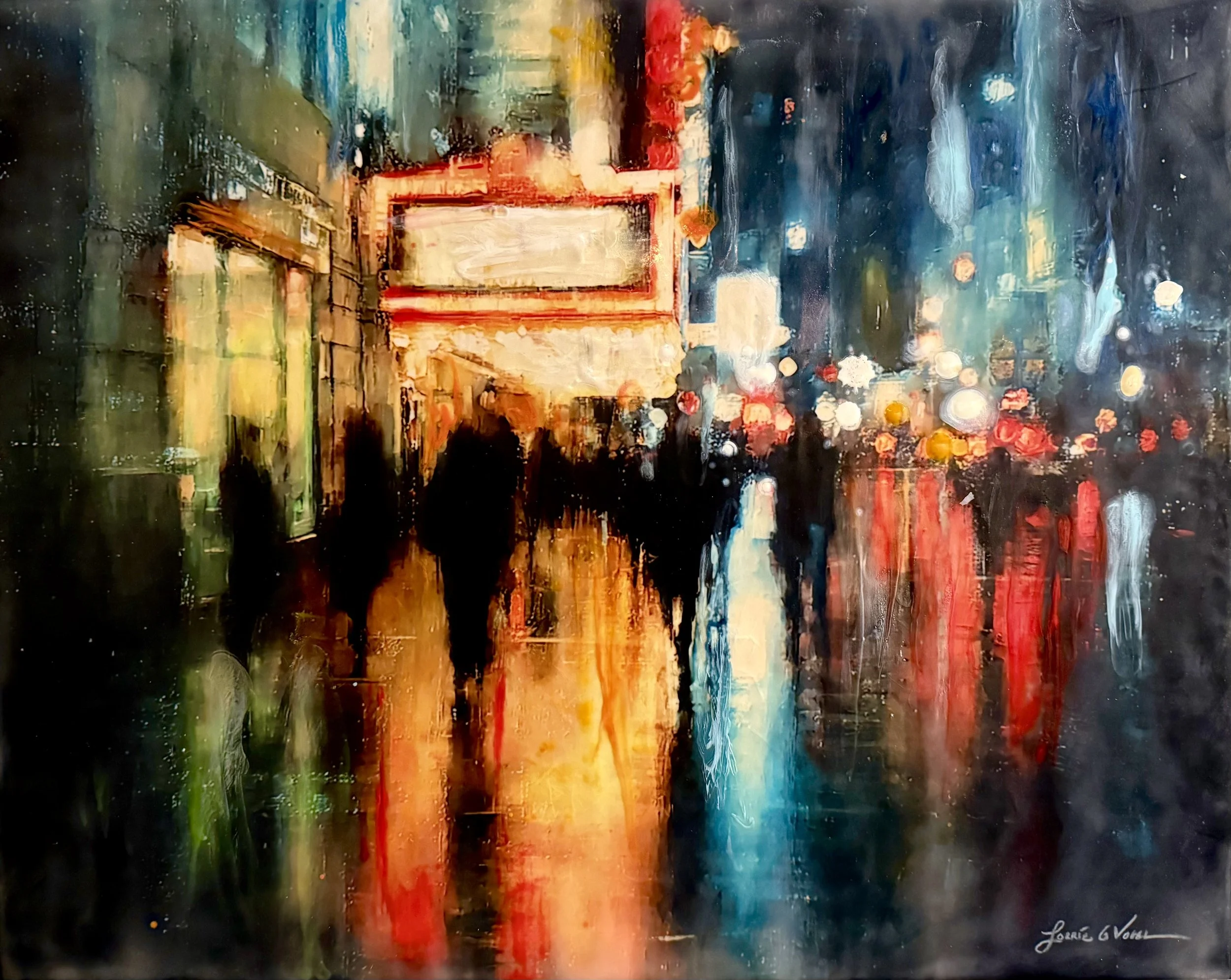 Broadway lights, 2025. Encaustic Mixed Media, on cradle panel - 16"x20"x1.5"