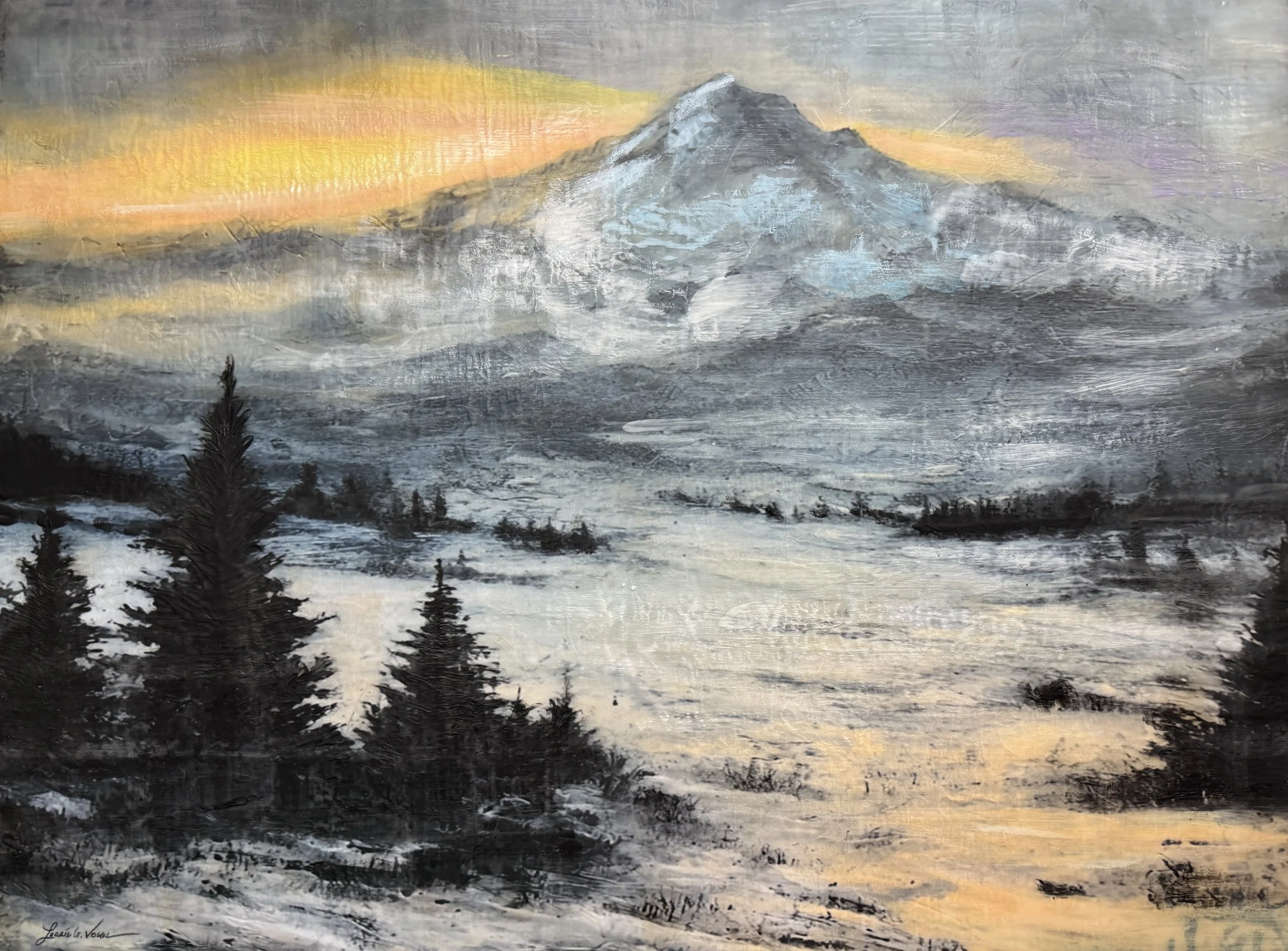 Mount Hood Magic, 2026. Encaustic Mixed Media, on cradle panel - 30"x40"x1.5"
$4,000.