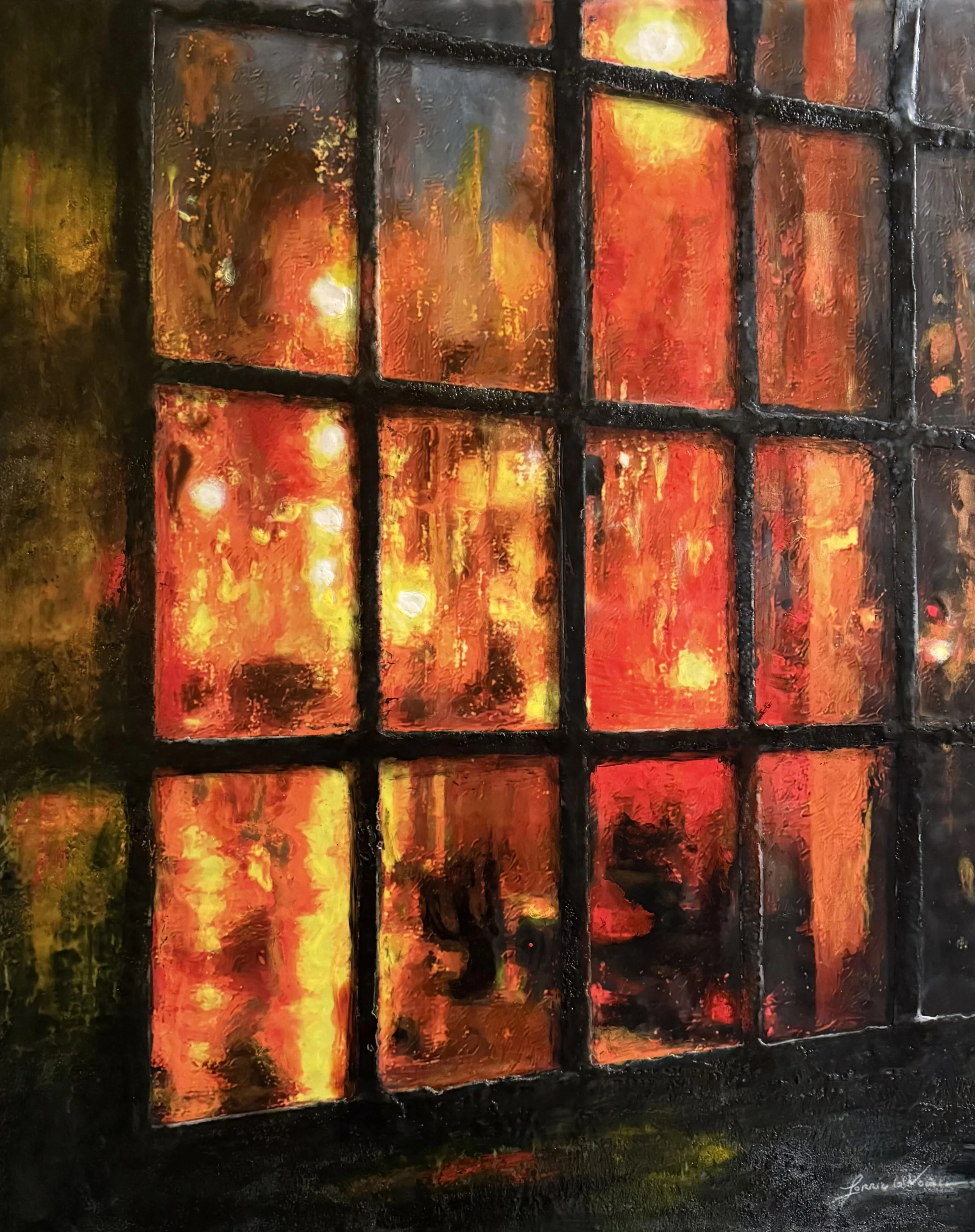 Embers in Glass, 2025. Encaustic Mixed Media, on cradle panel - 24" x 30" x .75"