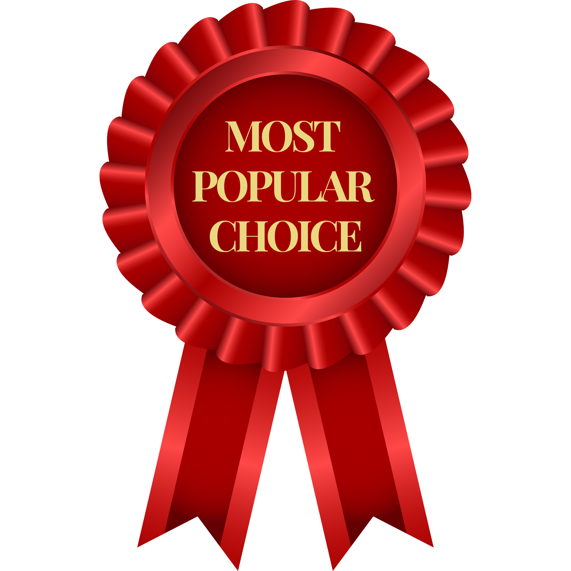 Red ribbon award badge with gold text that says "Most Popular Choice"