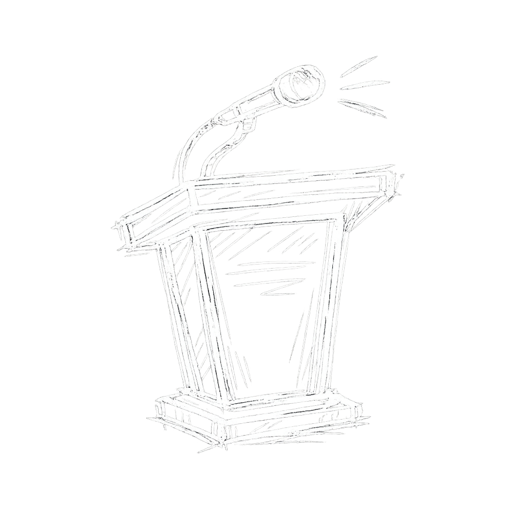 Line drawing of a person speaking at a podium with an audience, enclosed in a scalloped border.