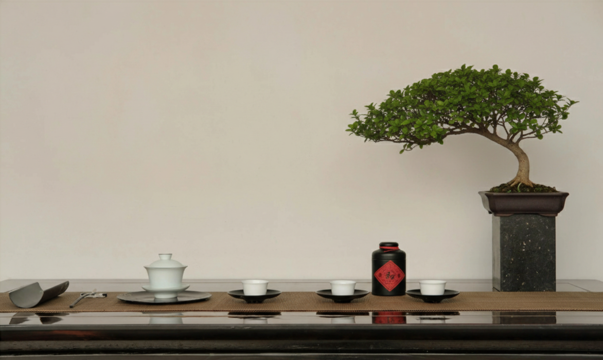 Japanese tea setting with a bonsai tree on a black stand in the background.