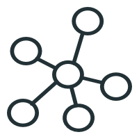 A black diagram of a central circle connected to six surrounding circles with lines, resembling a network or molecular structure.
