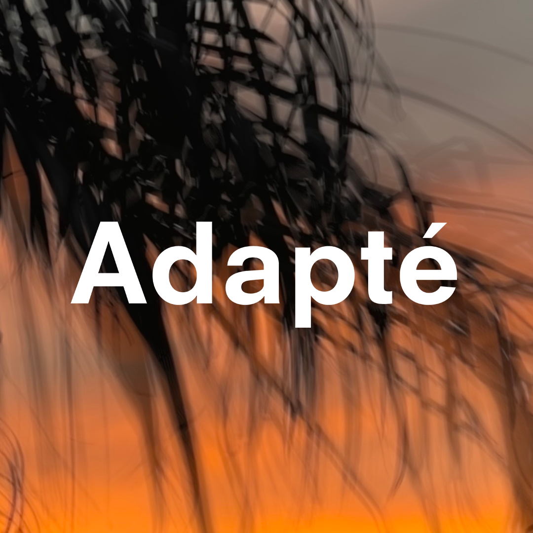 Abstract digital art with black geometric and organic shapes on an orange and beige background, with the word 'Adapté' in white text overlay.