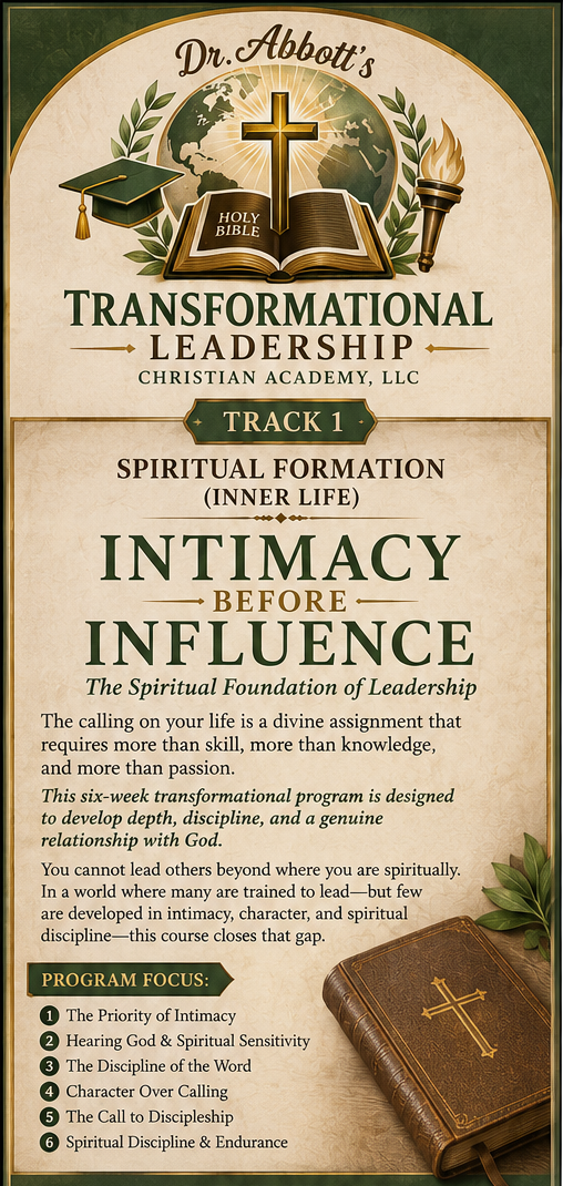 Promotional flyer for Dr. Abbott's transformational leadership program at Christian Academy LLC. Features a globe, a cross, a Bible, and symbols of education and faith. Text highlights spiritual formation, intimacy with God, and six-week program focus areas.
