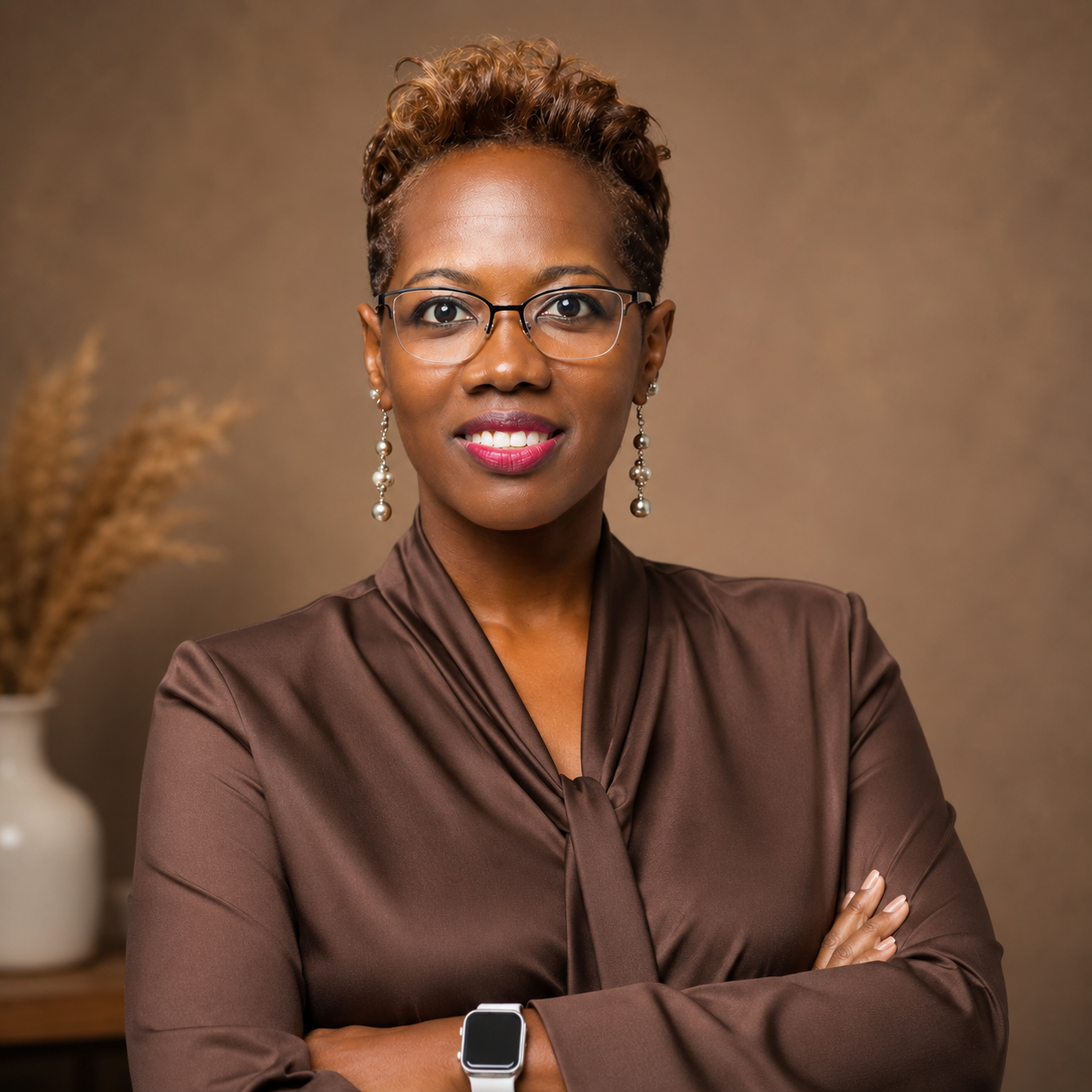 A confident African American woman with short, curly hair and glasses, wearing a brown satin blouse and pearl earrings, standing with arms crossed in front of a neutral background with blurred dried plants in a vase.