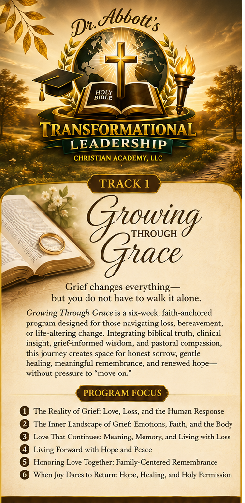 Design for Dr. Abbott's Transformational Leadership Christian Academy promoting a faith-based grief program called Growing Through Grace. Features an open Bible with rings, a globe, a cross, and a torch. Tracks focused on grief and healing.