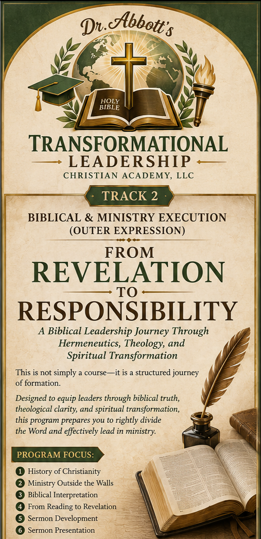 A promotional poster for Dr. Abbott's Transformational Leadership course at Christian Academy, LLC. The poster features a Bible, a cross, a graduation cap, a torch, a quill, and an open Bible, with text about biblical and ministry themes and the course focus areas.