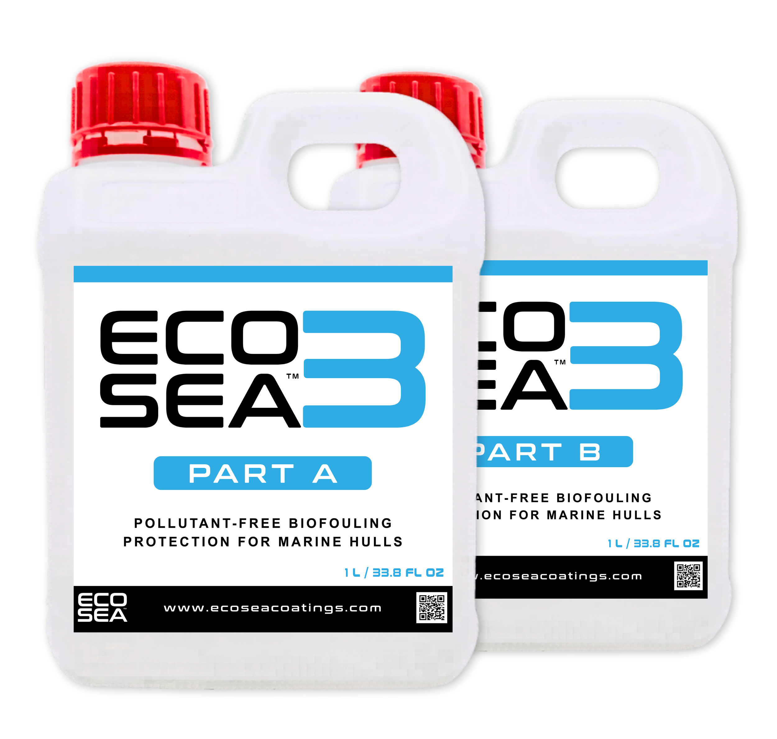 EcoSea 3 Part A and Part B bottles, a non-biocide biofouling protection coating for marine hulls