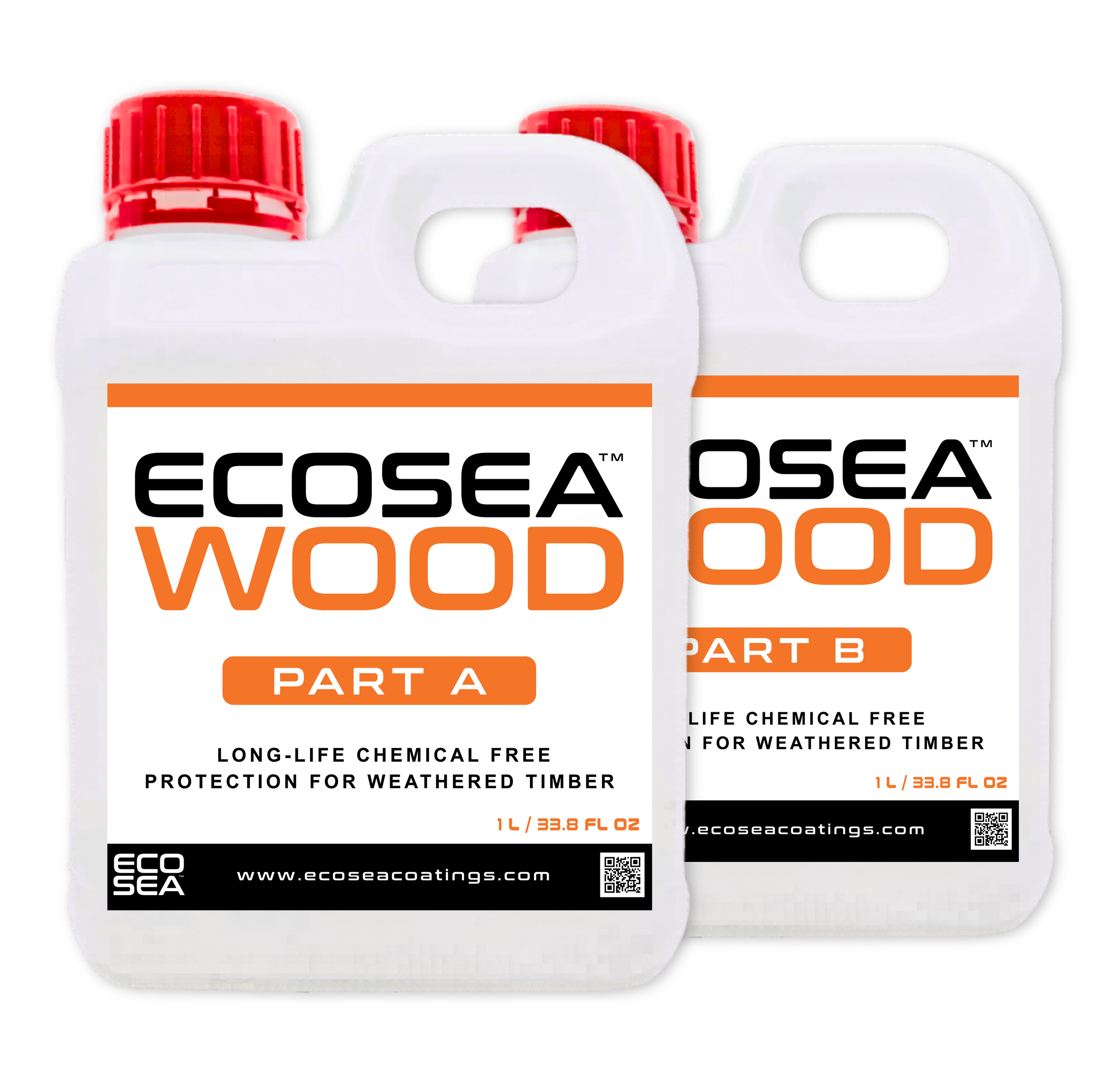 EcoSea Wood Part A and Part B bottles, a clear protective coating for weathered timber