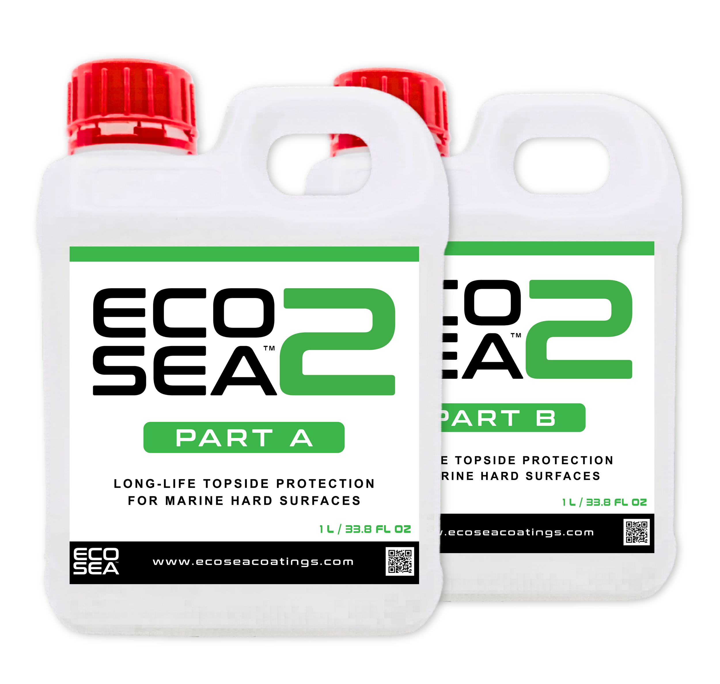 EcoSea 2 Part A and Part B bottles, a durable chemical-resistant clear coat for marine hard surfaces