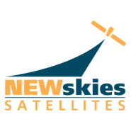 Logo for New Skies Satellites with text and a stylized satellite.