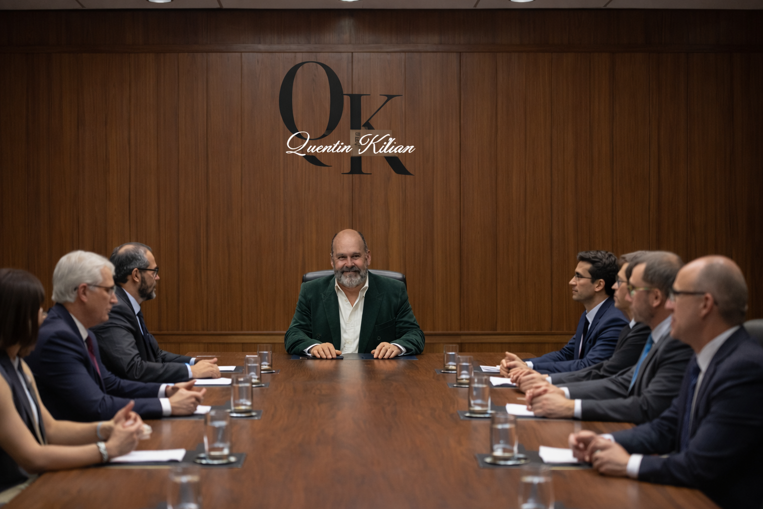 A man in a green blazer sitting at the head of a conference table with other people on both sides, in a wood-paneled room with a large logo reading 'QK' and 'Quentin Kilian' on the wall behind him.