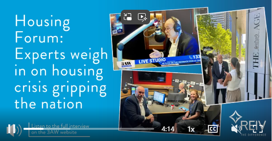Screenshot from a video titled 'Housing Forum: Experts weigh in on housing crisis gripping the nation,' showing a live radio interview with a woman speaking into a microphone and wearing headphones, another image of people in discussion outside a building, and two people in a radio studio with computer screens.