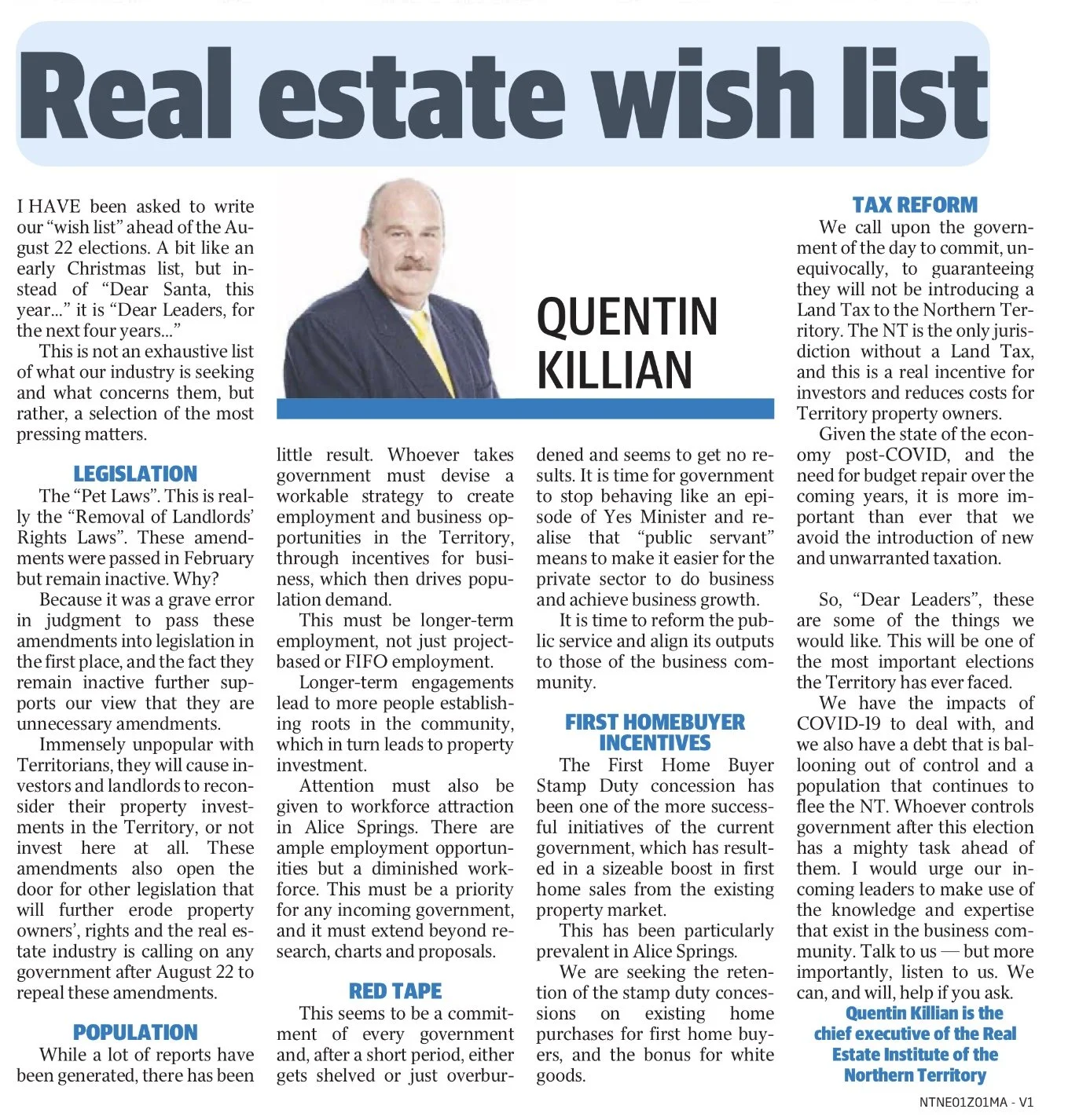 A newspaper article titled 'Real estate wish list' featuring a photo of Quentin Killian, with sections on tax reform, legislation, first homebuyer incentives, population, and red tape.
