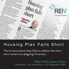 News article headlined 'Housing Plan Falls Short' with a photo of a man, discussing housing crisis and government plan failures.