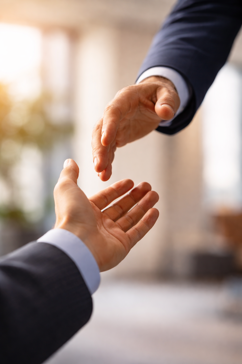 Businessman reaching out to touch another person's hand in a handshake gesture.