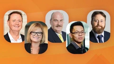 Group of five diverse professional people posing against an orange background.