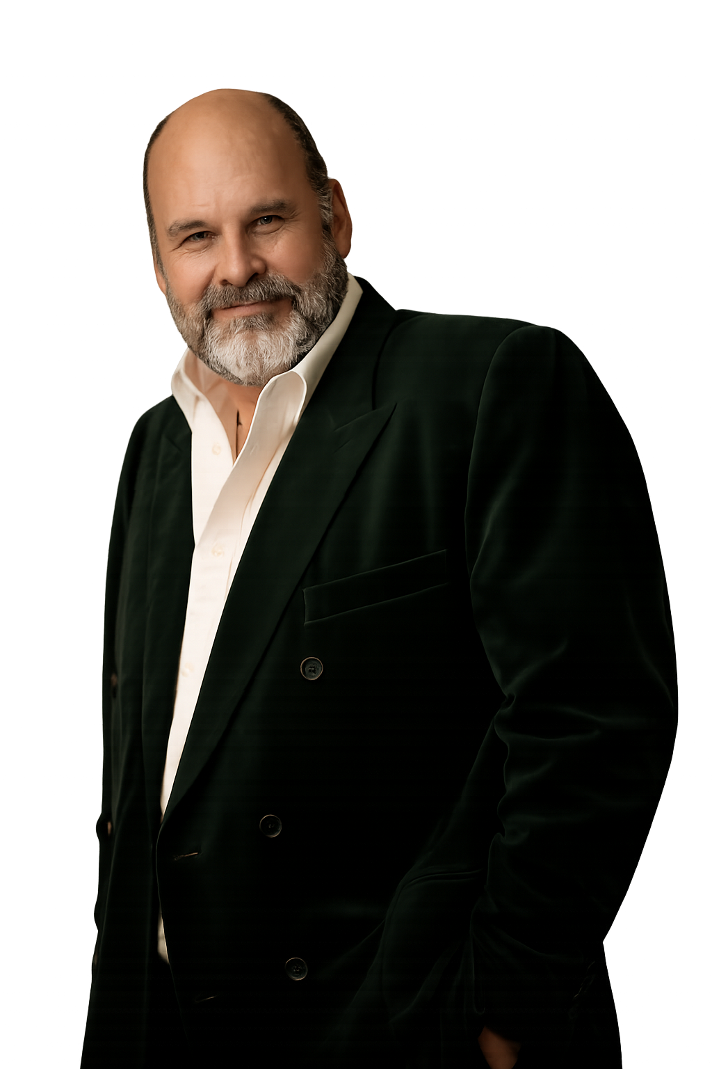 A middle-aged man with a beard and mustache wearing a black suit with a white shirt, posing against a dark, colorful, neon-like background.