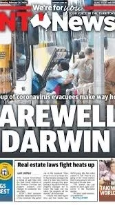 Front page of a newspaper with headlines about COVID-19 and a farewell to Darwin.