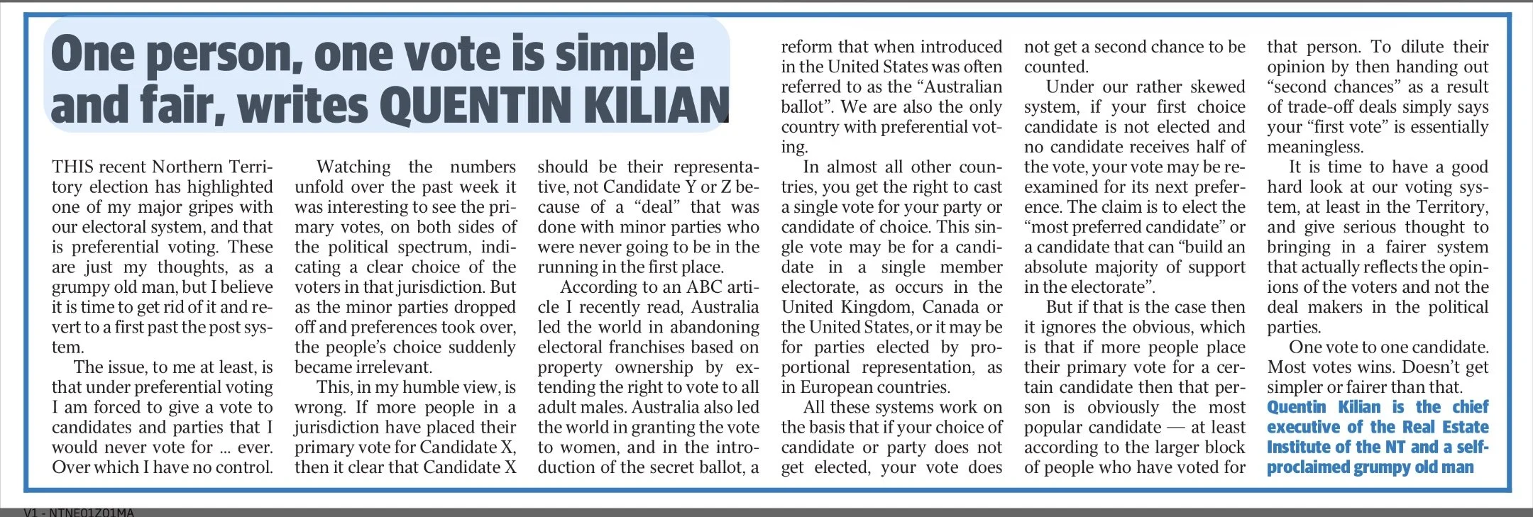 Newspaper article titled "One person, one vote is simple and fair, writes Quentin Kilian" with a blue-bordered sidebar highlighting Quentin Kilian as the chief executive of the Real Estate Institute of the NT, described as a self-proclaimed grumpy old man.