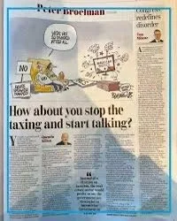 A newspaper page with an illustration of a car and a person, featuring headlines about taxation and conversation bubbles, along with text and smaller images.