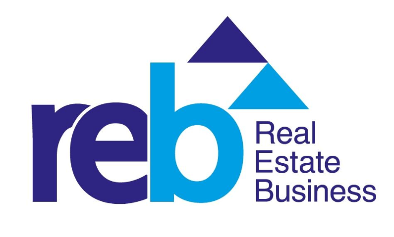 Logo for Reb Real Estate Business, featuring the text 'reb' with a design of three triangles above it, and the words 'Real Estate Business' next to it.
