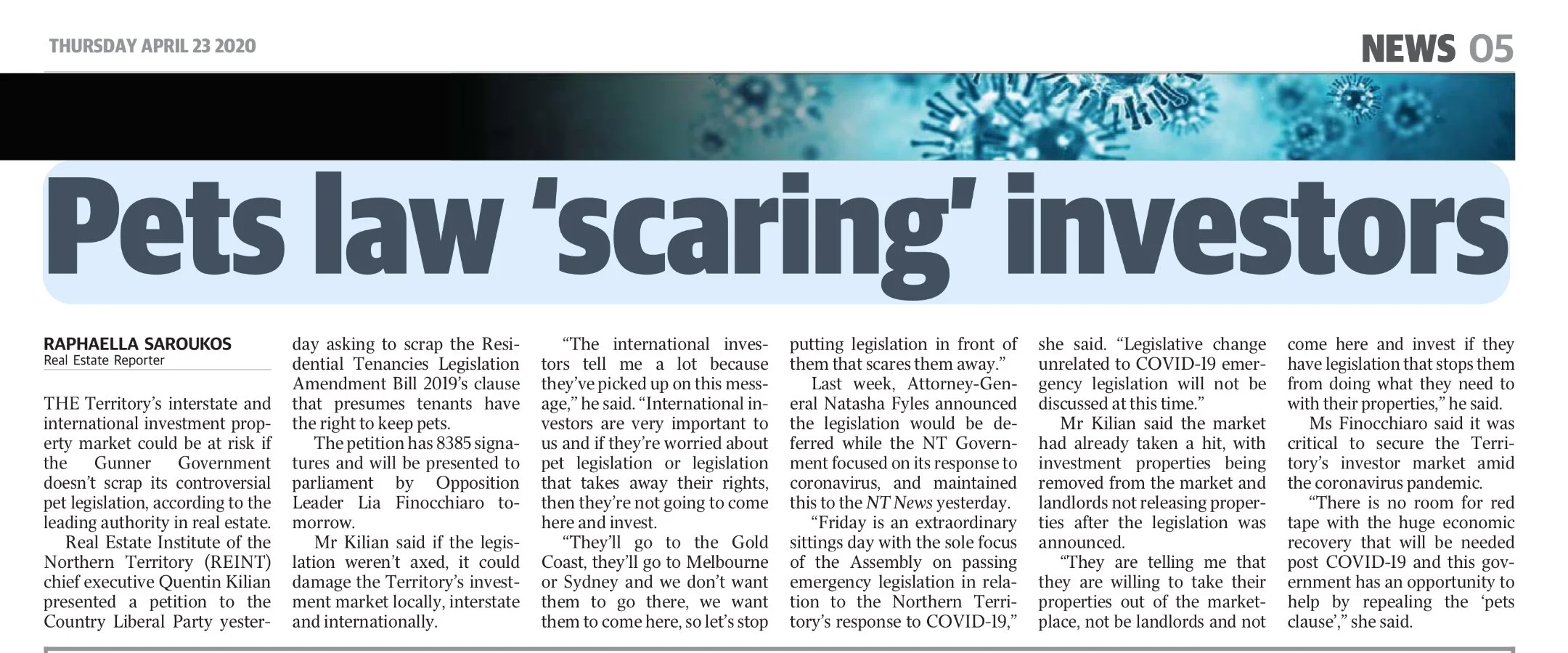 Newspaper article titled "Pets law 'scaring' investors" dated Thursday, April 23, 2020, with text discussing pet legislation and investment concerns.