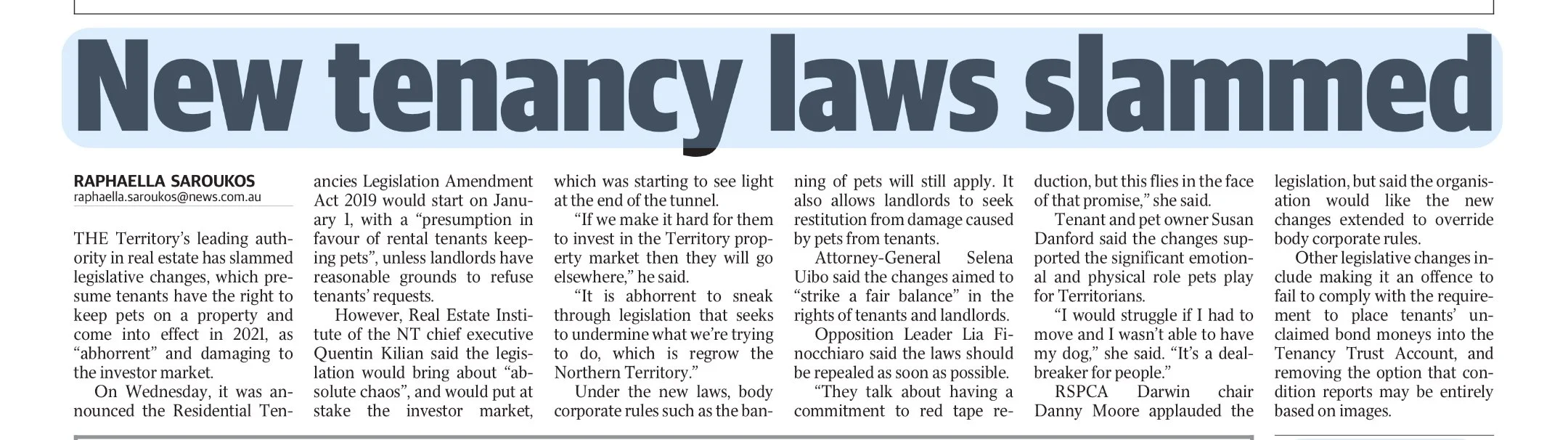 Newspaper article titled 'New tenancy laws slammed', authored by Raphaella Saroukos, discussing recent legislative changes affecting real estate tenants and landlords, with quotes from officials and advocates.