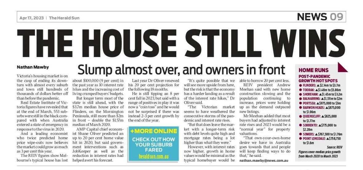 A newspaper page with the headline 'The House Still Wins' about the Australian housing market, including articles on market trends, expert predictions, and mortgage interest rates.
