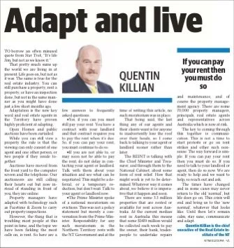 Advertisement titled "Adapt and live" featuring Quentin Killian, an older man with a mustache, wearing a suit and tie, promoting a financial or insurance service.