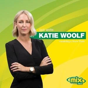 Promotional graphic for 360 with Katie Woolf, a weekday radio show from 7 am at Mix 104.5, featuring Katie Woolf with crossed arms in front of a green and yellow background.