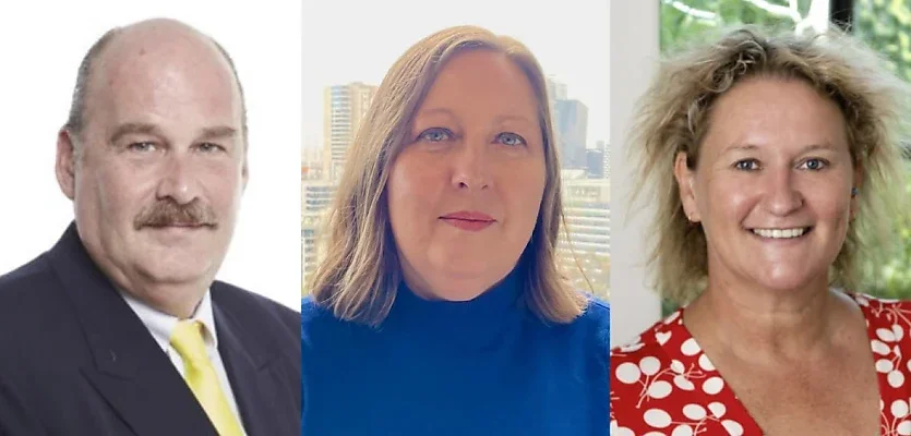 Three headshots of middle-aged adults, two women and one man, with different backgrounds including a cityscape and nature.