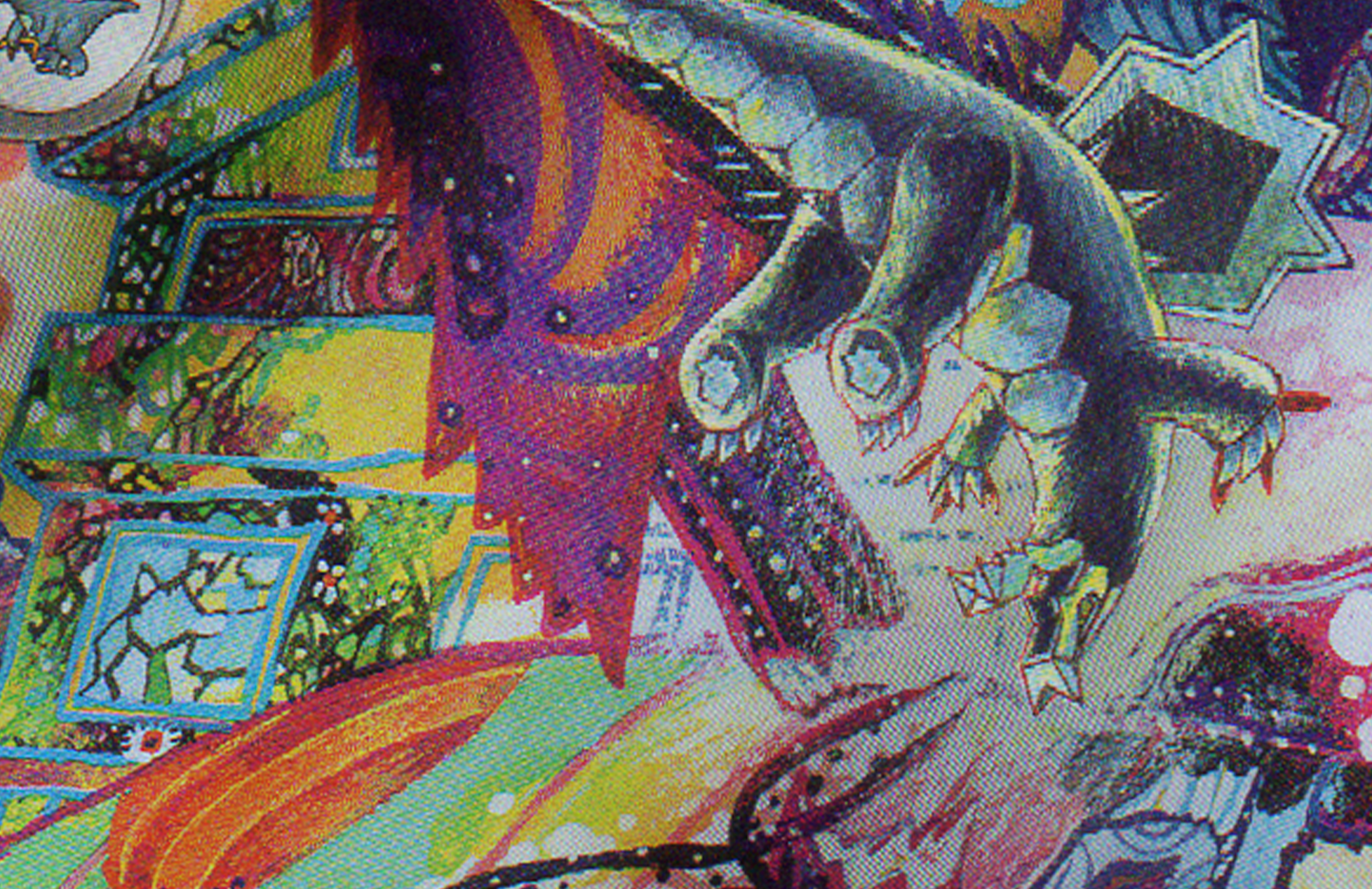 Retrato em estilo artístico com traços coloridos, retratando uma mulher com expressão pensativa, adornada com acessórios e cercada por padrões gráficos elaborados.